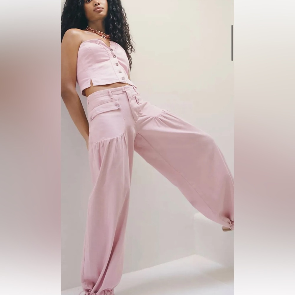 Free People Lotus Jeans Dropped Patch Front Pockets Cinched Tie Ankles Pink NWT